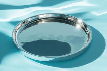Aufkleber - Reflections on a shiny metal tray resting on a smooth blue surface under soft lighting in a calm setting