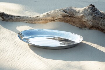 Aufkleber - Reflective metal tray rests on sandy beach near driftwood under golden sunlight