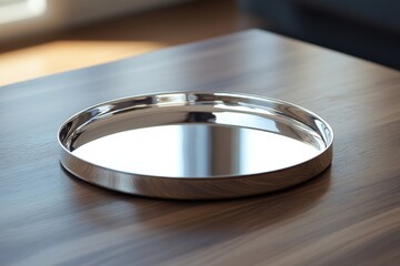 Leinwandbilder - Elegant metal tray shines on a wooden table in a well-lit interior during the day