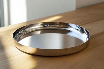 Fototapete - Sleek metal serving tray resting on a wooden table in soft natural light