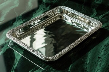 Poster - Elegant silver tray on a polished green marble surface, reflecting light beautifully in a serene setting