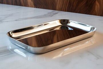 Aufkleber - Simple rectangular metal tray placed on a marble countertop showcasing its reflective surface and minimalistic design