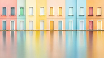   A line of colorful structures by a water body reflecting their image on the surface