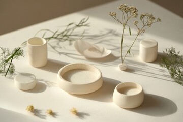Poster - Soft, natural light illuminates minimalist ceramic dishes and delicate flowers arranged on a white backdrop in a serene setting