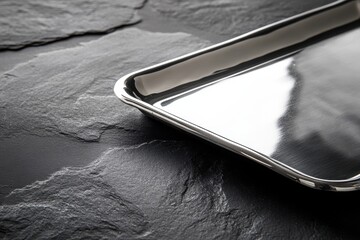 Poster - Elegant stainless steel tray rests on textured slate surface, reflecting light in a subtle setting