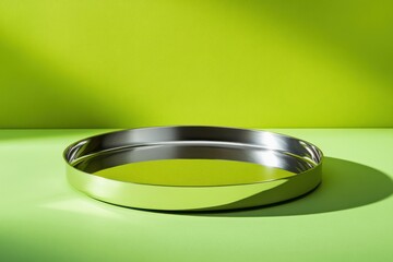 Aufkleber - Modern metallic tray resting on a vibrant green surface with natural light illuminating its contours