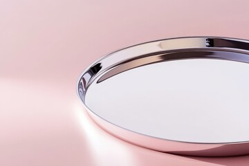 Poster - Polished metal tray resting on a soft pink surface with gentle reflections under bright lighting