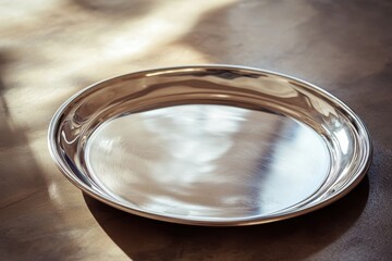 Aufkleber - Simple silver serving tray rests on a wooden table with soft light reflecting off its surface