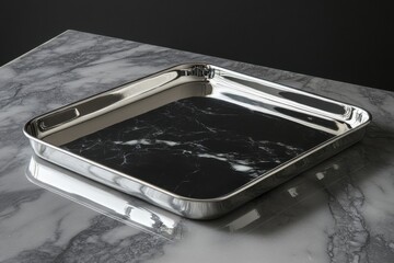 Poster - Silver tray with black marble design on a modern marble countertop in contemporary interior setting
