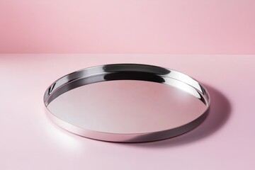 Fototapete - Circular metal tray on a pink surface reflecting light in a soft, minimalistic setting