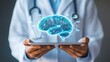 © kabirhossain - Digital Brain: A doctor holds a tablet with an illustrated glowing brain floating above, representing the intricate complexities of neuroscience and medical advancements.