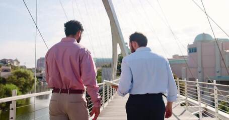Aufkleber - Collaboration, tablet and walking with business people on bridge in city for conversation from back. Commute, partnership and teamwork with employee men outdoor in urban town together for planning