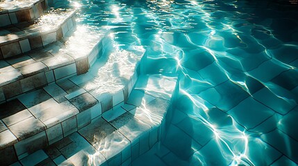 Aufkleber - Glistening underwater view of swimming pool steps illuminated by sunlight reflecting off clear blue water : Generative AI