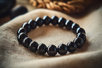 Poster - Elegant black bead bracelet artfully arranged on a natural beige fabric background : Generative AI