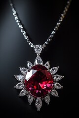 Poster - Gorgeous ruby pendant necklace shimmering under soft lighting showcasing its exquisite design and craftsmanship : Generative AI