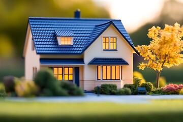Poster - Charming little home with soft glowing windows surrounded by vibrant trees and a manicured lawn at sunset : Generative AI