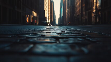 Poster - Intimate Street Level View of a City Street with Cobblestones at Twilight : Generative AI