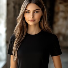Aufkleber - Portrait of a Beautiful Woman in Black T-Shirt Posed Against a Stone Background : Generative AI