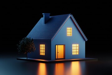 Aufkleber - Charming blue house with glowing windows highlighted at night creating a cozy warm atmosphere : Generative AI