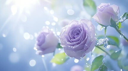 Poster - Delicate Lavender Roses with Raindrops Against a Soft Blue Background in Gentle Light : Generative AI