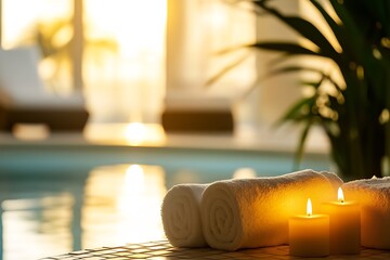 Aufkleber - Luxurious spa setup with rolled towels and glowing candles creating a serene atmosphere : Generative AI