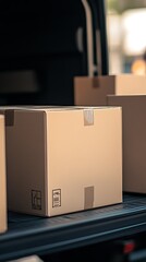 Aufkleber - Unpacked cardboard boxes stacked in a delivery van waiting for cargo transportation : Generative AI