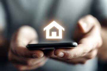 Poster - Close-up of a person holding a smartphone displaying a glowing house icon symbolizing home automation concepts : Generative AI