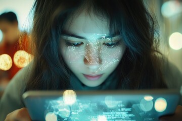 Wall Mural - young woman intensely focused on a tablet, data streams projected onto her face, symbolizing digital