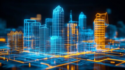 Fototapete - Vibrant neon cityscape featuring glowing buildings and a futuristic digital design in a dynamic urban environment : Generative AI