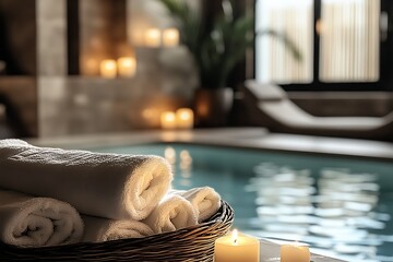 Poster - Elegant spa ambiance featuring plush towels and flickering candles beside a calming pool : Generative AI