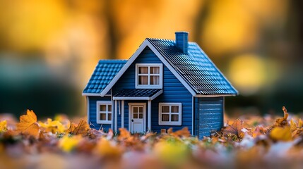 Poster - Charming miniature blue house surrounded by fallen autumn leaves under warm sunlight : Generative AI