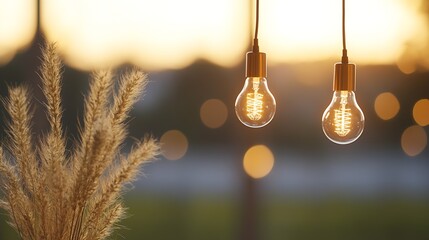 Fototapete - Two elegant light bulbs illuminated against a scenic sunset background featuring soft bokeh effects in nature : Generative AI