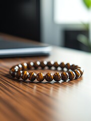 Poster - Stylish shot of a tiger eye stone bracelet elegantly displayed on a wooden surface emphasizing its beauty : Generative AI
