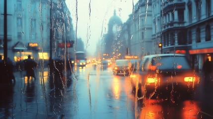 Poster - Rainy city street view with blurred vehicles and glowing lights on a moody evening : Generative AI