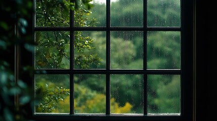 Aufkleber - Rainy window view showcasing lush greenery outside creating a serene and tranquil atmosphere : Generative AI
