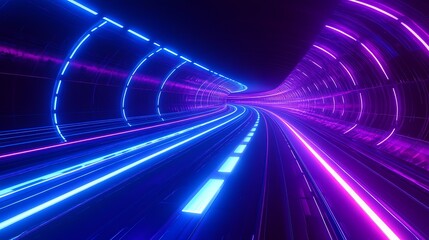 Leinwandbilder - Vibrant neon tunnel with glowing blue and pink lights curving into the distance creates a futuristic atmosphere : Generative AI