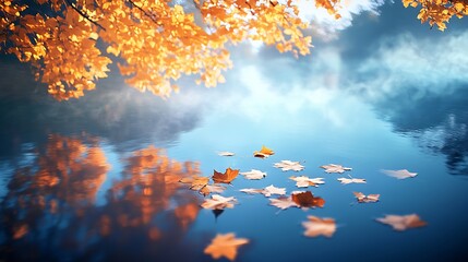 Aufkleber - Beautiful autumn landscape with orange leaves floating on calm water under a clear sky : Generative AI