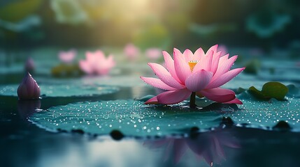 Poster - Radiant pink lotus flower elegantly rising above tranquil water surface surrounded by dew-kissed lily pads : Generative AI