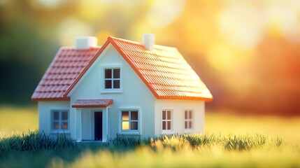 Poster - Charming Miniature House on Grass with Glow of Sunlight Creating a Warm Ambiance : Generative AI