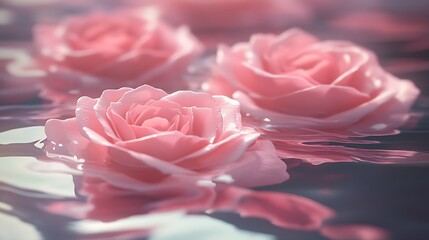 Fototapete - Close-up view of delicate pink roses elegantly floating on water for a romantic and calming visual experience : Generative AI