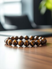 Poster - Stunning tiger eye bracelet elegantly placed on a wooden table showcasing its unique design and rich brown hues : Generative AI