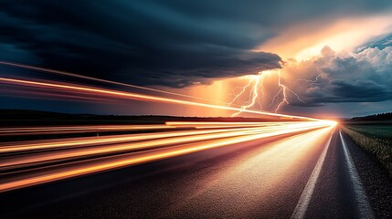 Aufkleber - Glistening Lightning Over Highway with Fast Moving Light Trails Creating a Dramatic Scene : Generative AI
