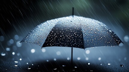 Poster - Stylish umbrella surrounded by raindrops creating a serene atmosphere in a blurry outdoor view : Generative AI