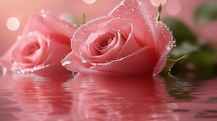 Fototapete - Charming pink roses adorned with water droplets reflecting tranquility in a soft and gentle ambiance : Generative AI