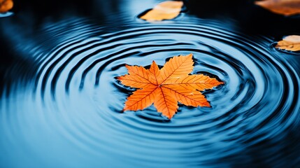 Poster - Vibrant orange leaf floating on calm water surface creating mesmerizing ripples in autumn ambiance : Generative AI