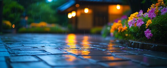 Aufkleber - Charming Rainy Evening with Flowering Plants and Soft Lights Illuminating a Pathway : Generative AI