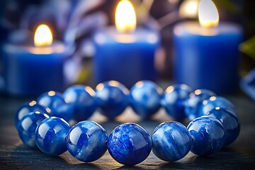 Poster - Gorgeous blue gemstone bracelet elegantly showcased with glowing candles and a calming atmosphere : Generative AI