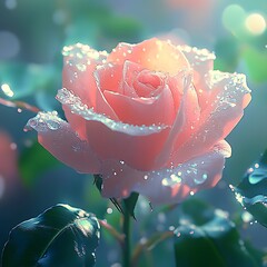 Poster - Beautiful pink rose petals covered in morning dew glistening in the sunlight : Generative AI