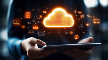 Aufkleber - Hands of a user holding a tablet showcasing vibrant cloud graphics for digital innovation : Generative AI