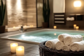 Poster - Calming spa interior with luxurious towels and ambient lighting creating a perfect unwinding space : Generative AI